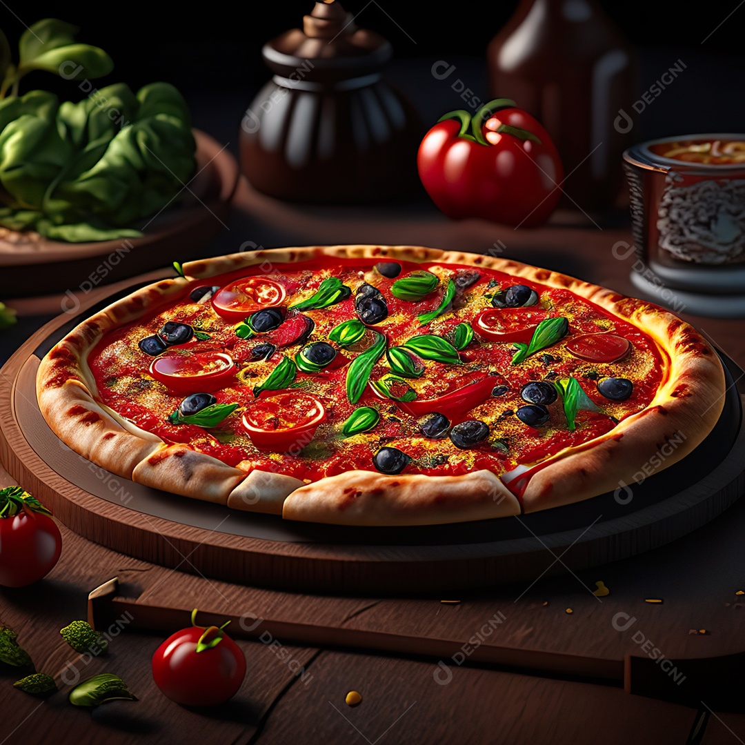 Retrato realista de pizza sobre uma mesa de madeira