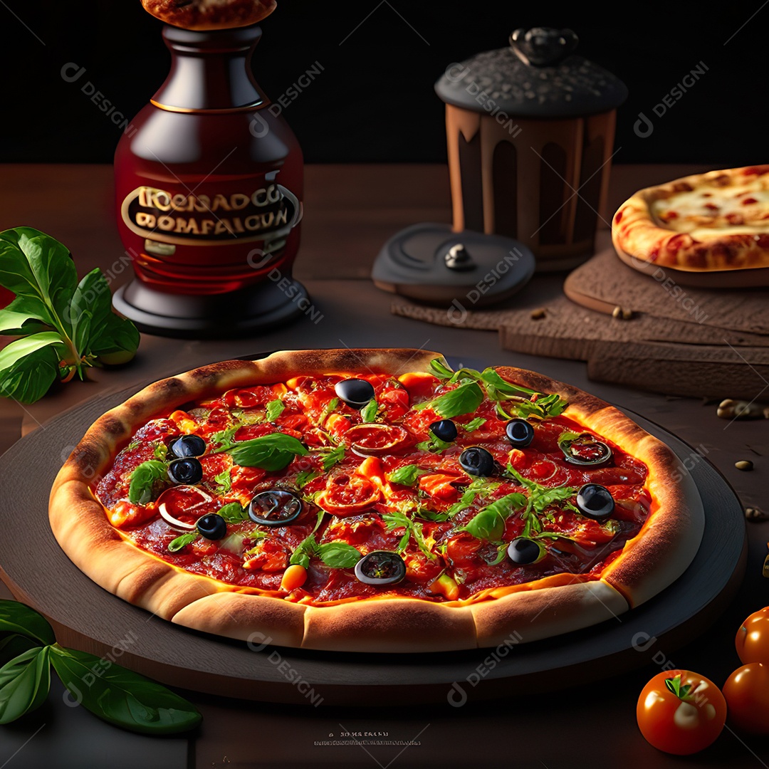 Retrato realista de pizza sobre uma mesa de madeira