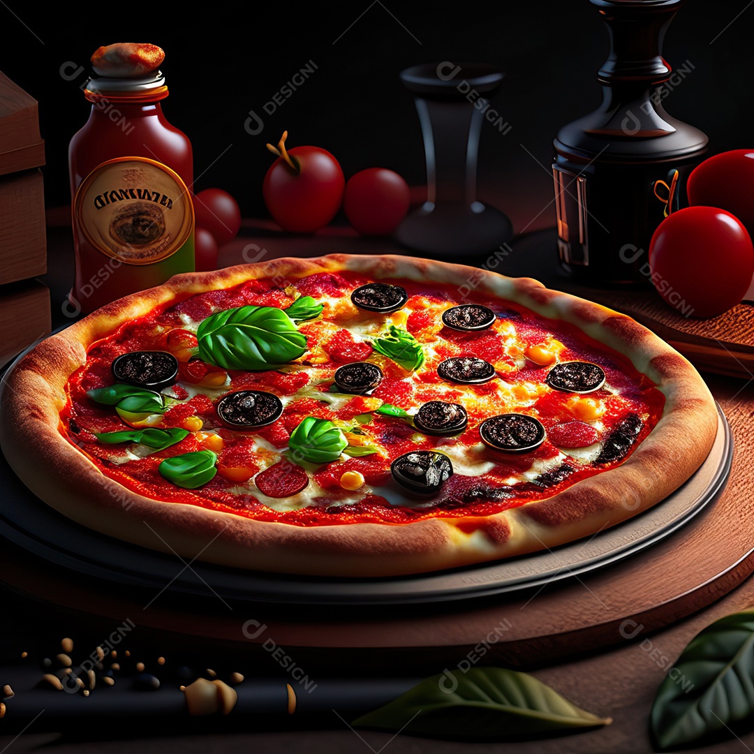 Retrato realista de pizza sobre uma mesa de madeira