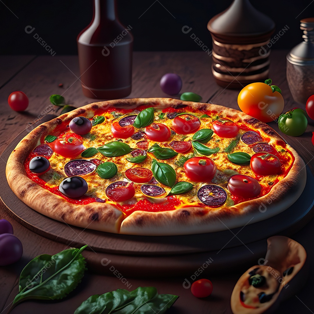 Retrato realista de pizza sobre uma mesa de madeira