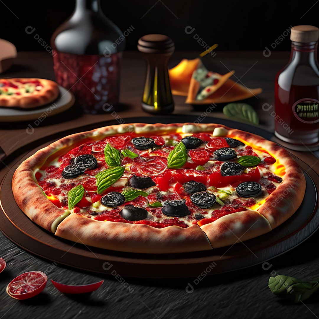 Retrato realista de pizza sobre uma mesa de madeira