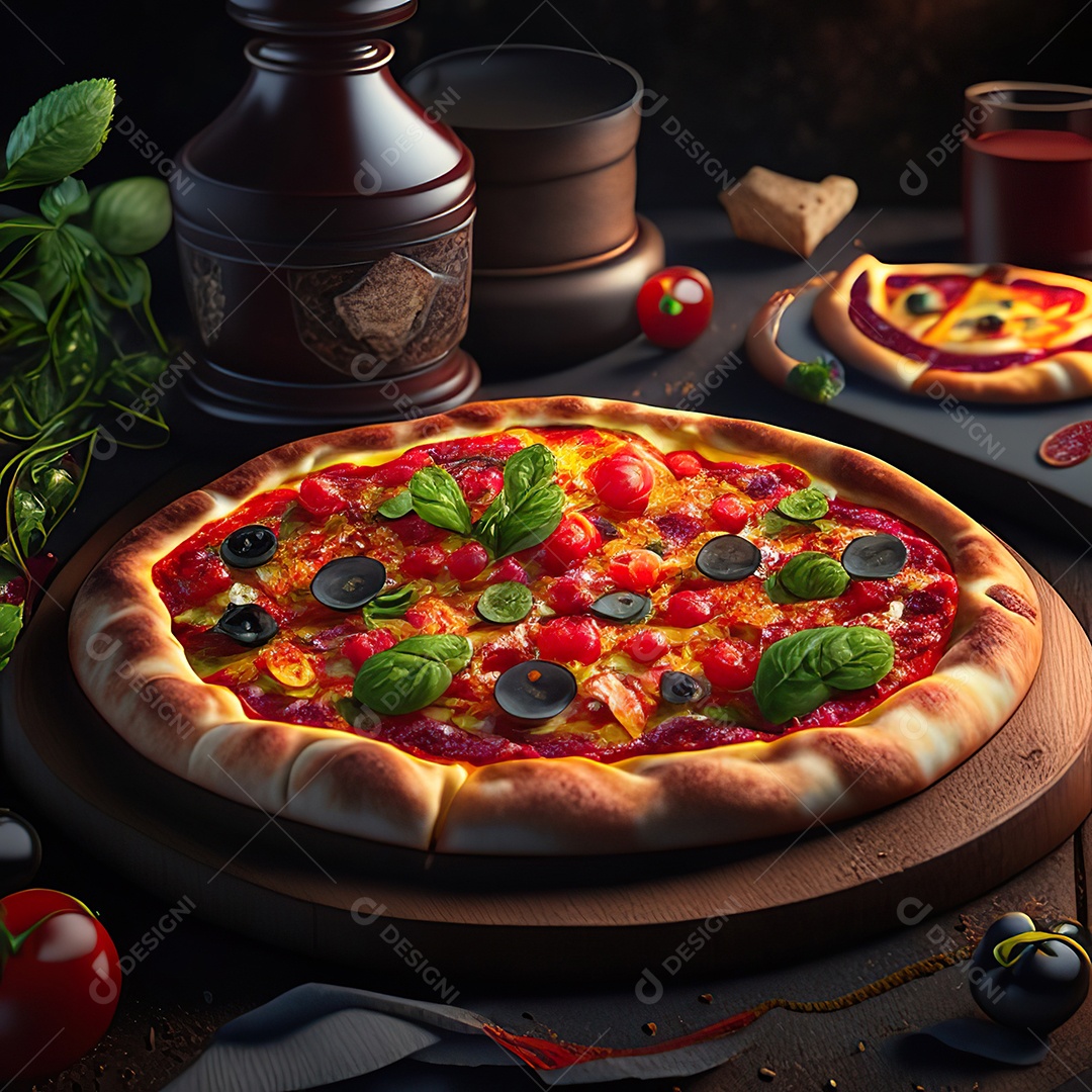 Retrato realista de pizza sobre uma mesa de madeira