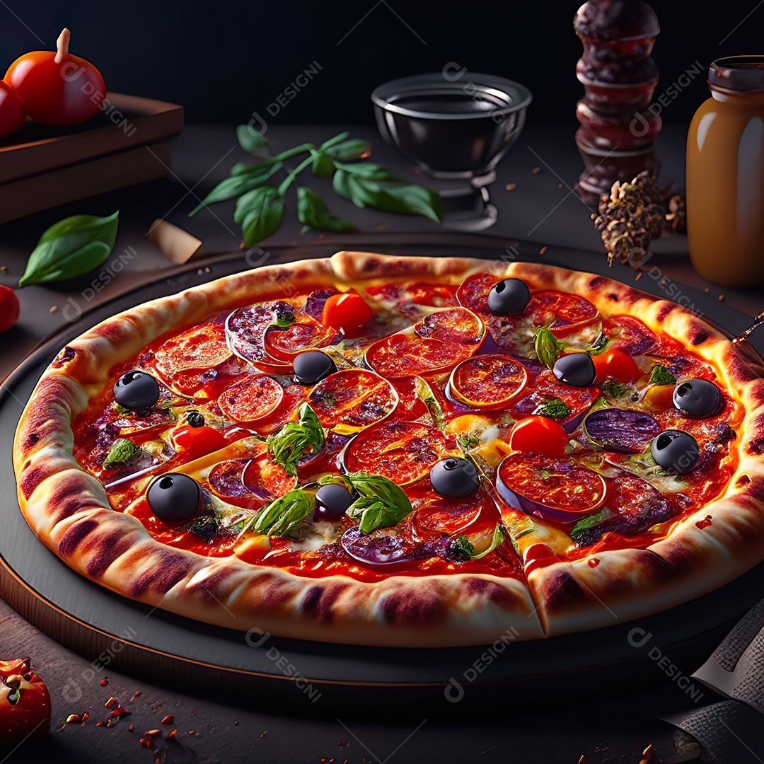 Retrato realista de pizza sobre uma mesa de madeira