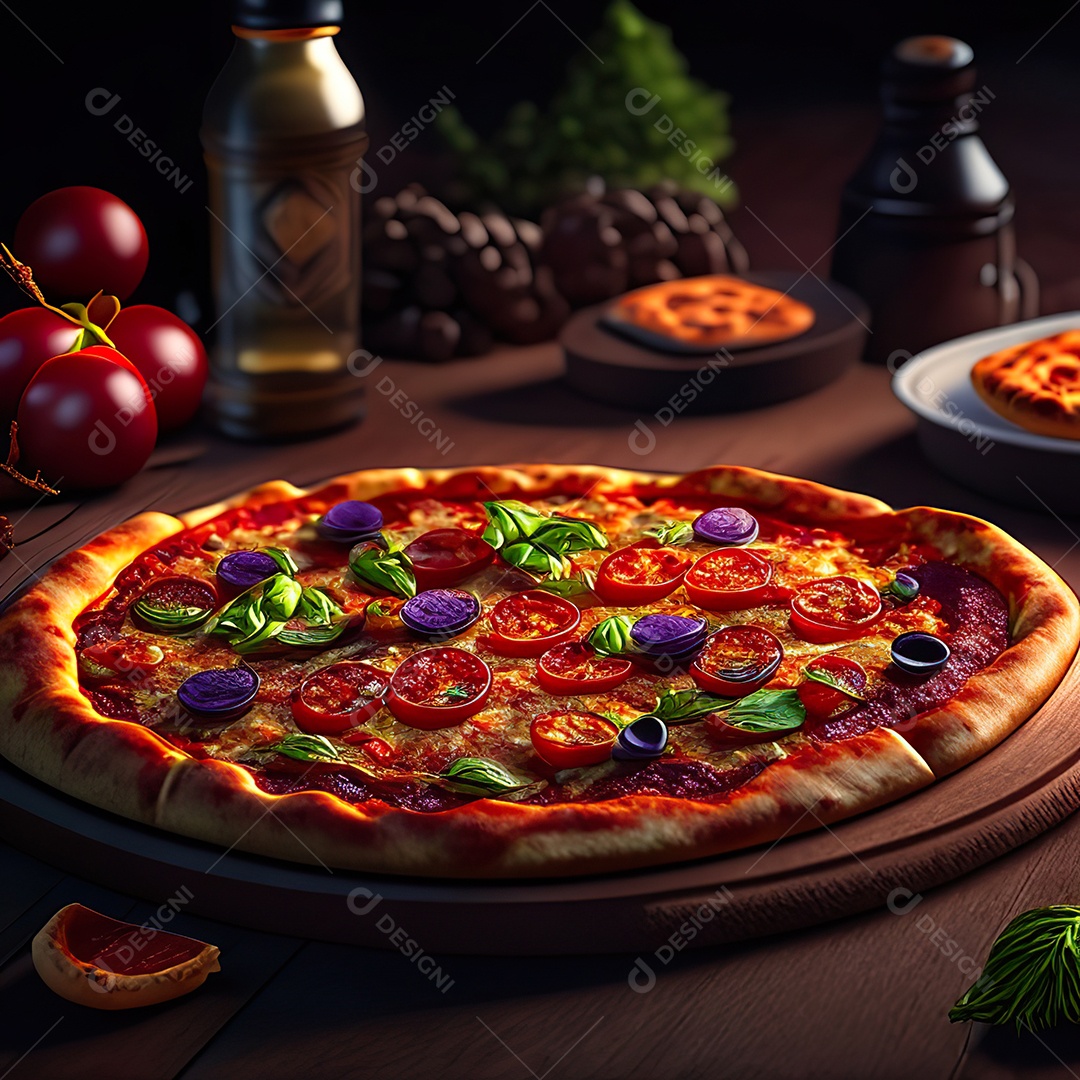 Retrato realista de pizza sobre uma mesa de madeira