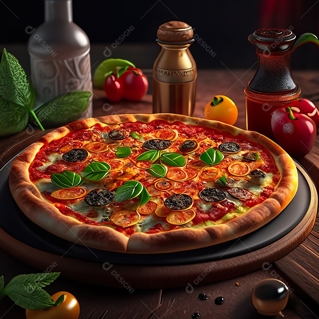 Retrato realista de pizza sobre uma mesa de madeira