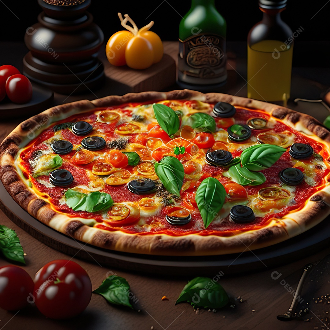 Retrato realista de pizza sobre uma mesa de madeira