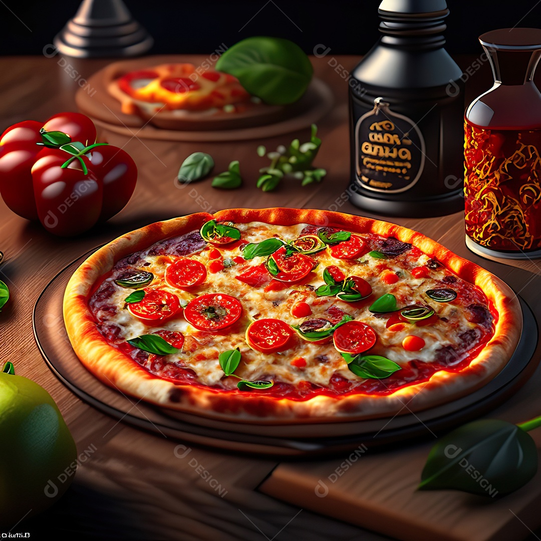 Retrato realista de pizza sobre uma mesa de madeira