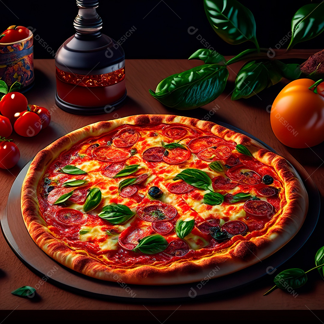 Retrato realista de pizza sobre uma mesa de madeira