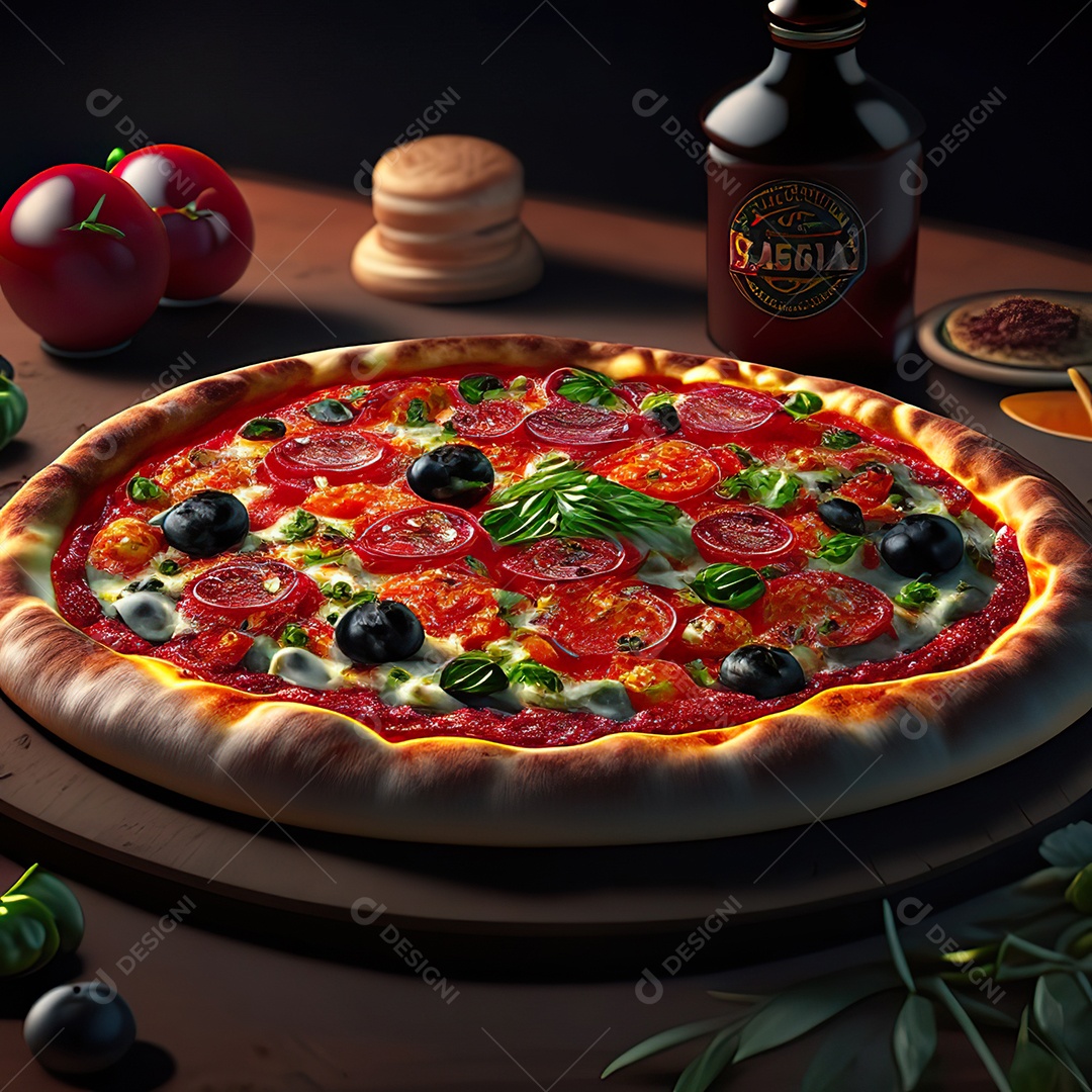 Retrato realista de pizza sobre uma mesa de madeira