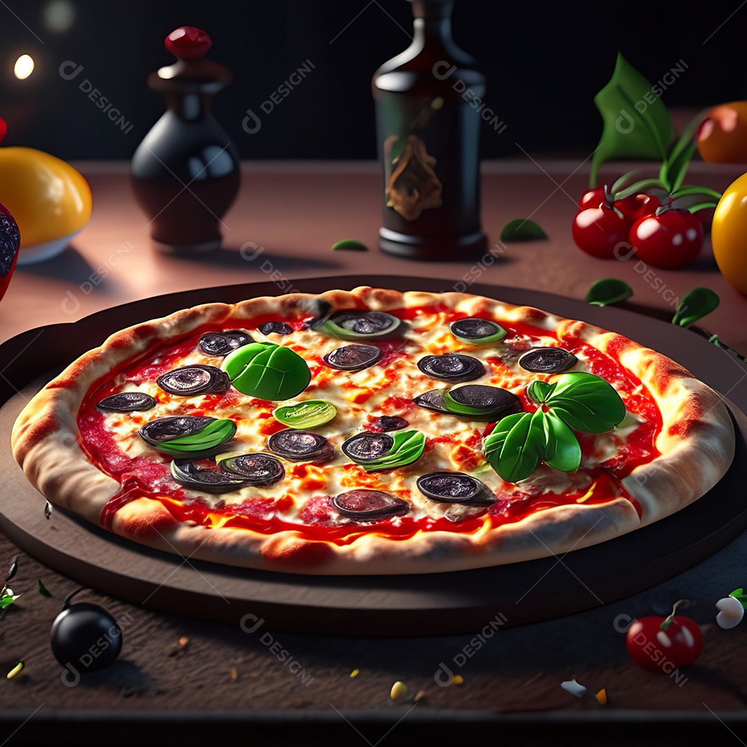 Retrato realista de pizza sobre uma mesa de madeira