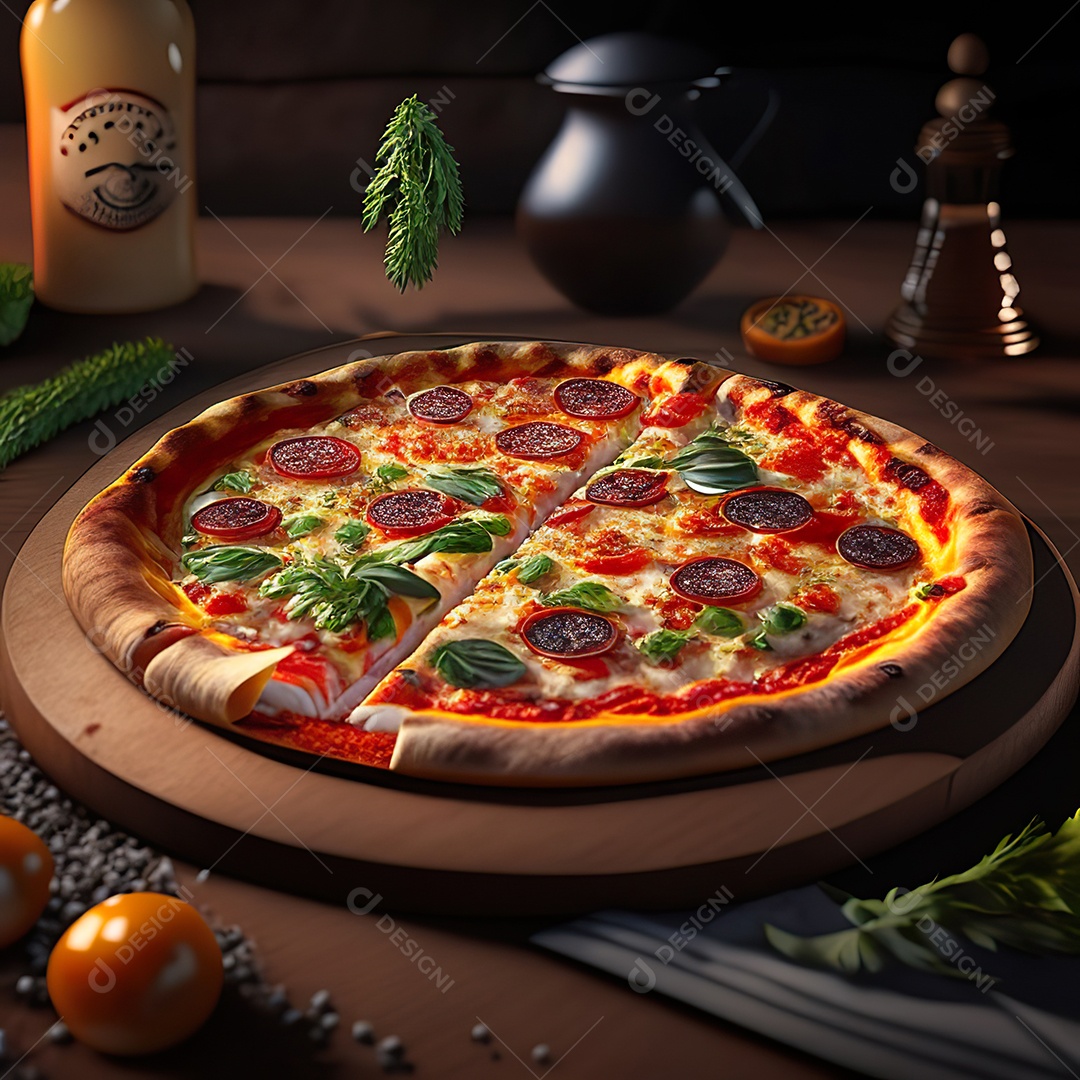 Retrato realista de pizza sobre uma mesa de madeira