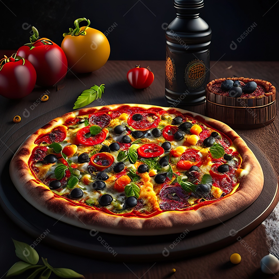 Retrato realista de pizza sobre uma mesa de madeira