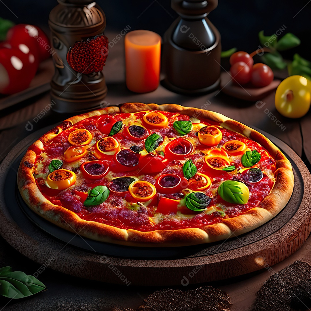 Retrato realista de pizza sobre uma mesa de madeira