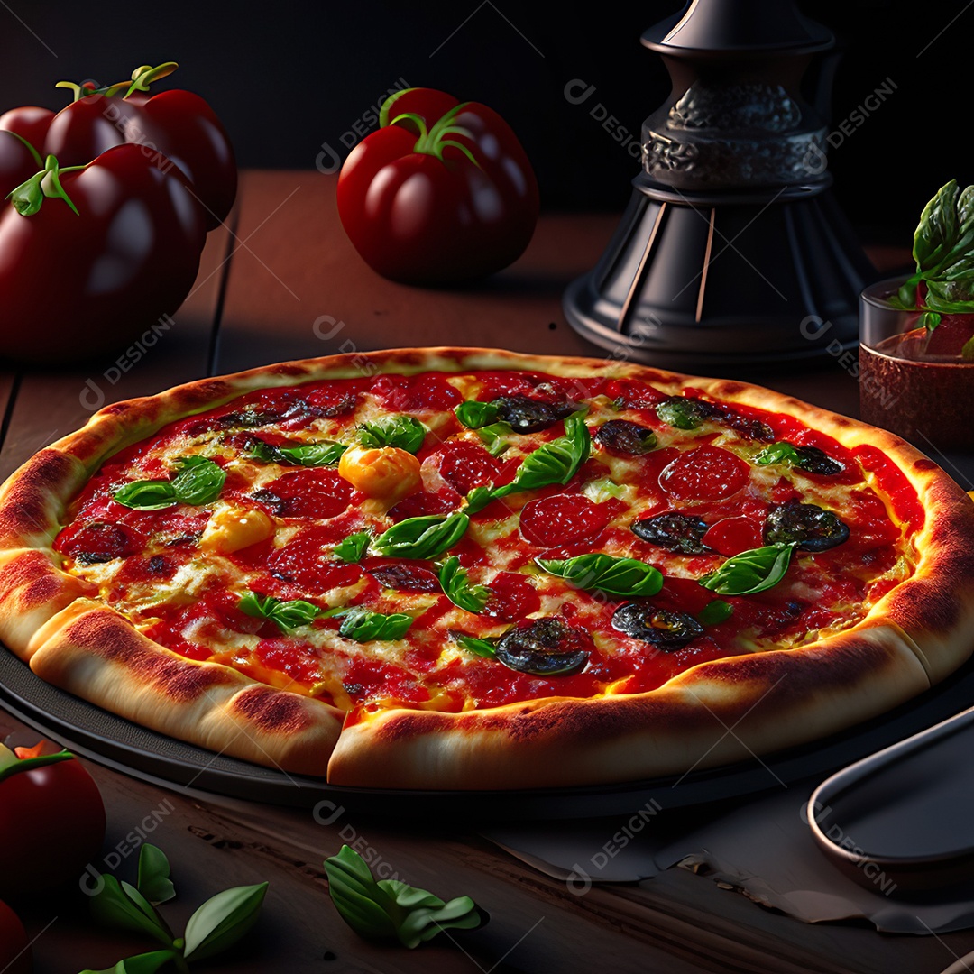 Retrato realista de pizza sobre uma mesa de madeira