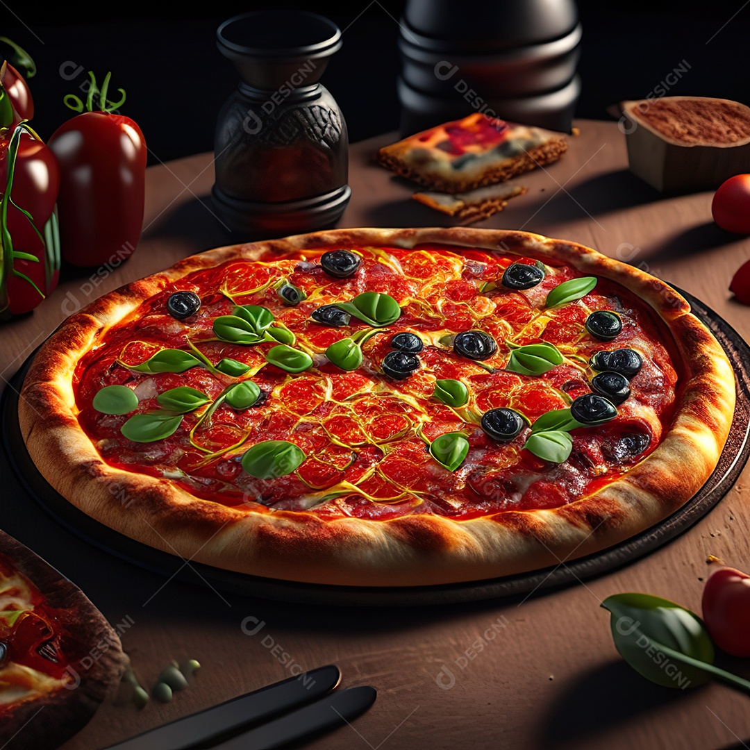 Retrato realista de pizza sobre uma mesa de madeira