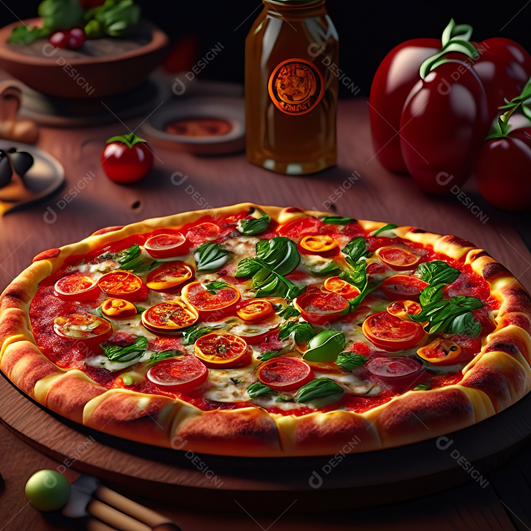 Retrato realista de pizza sobre uma mesa de madeira