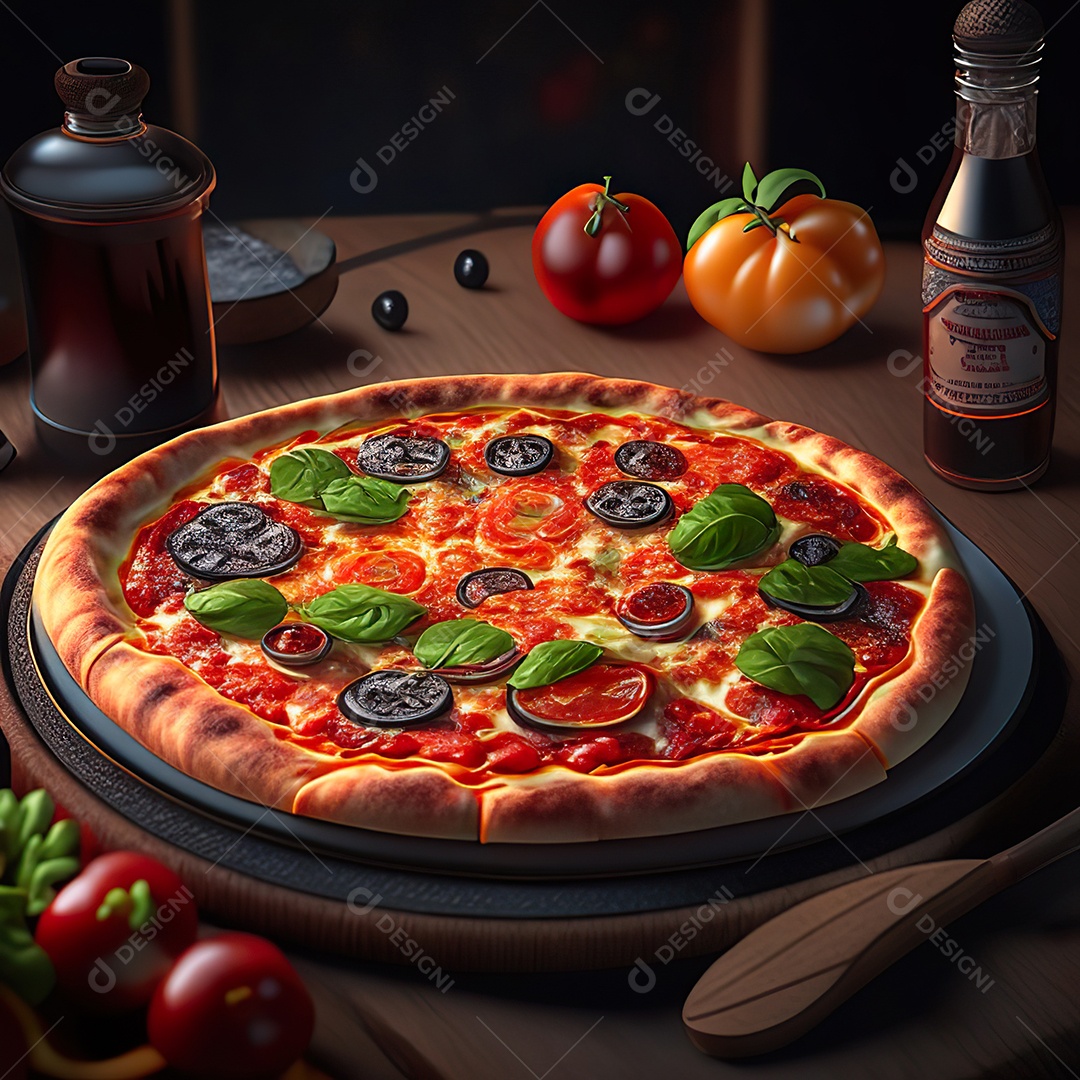 Retrato realista de pizza sobre uma mesa de madeira