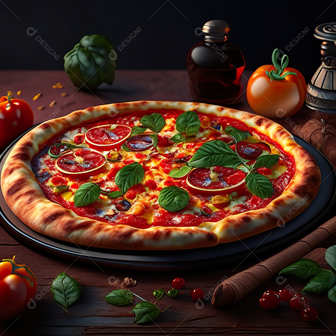 Retrato realista de pizza sobre uma mesa de madeira