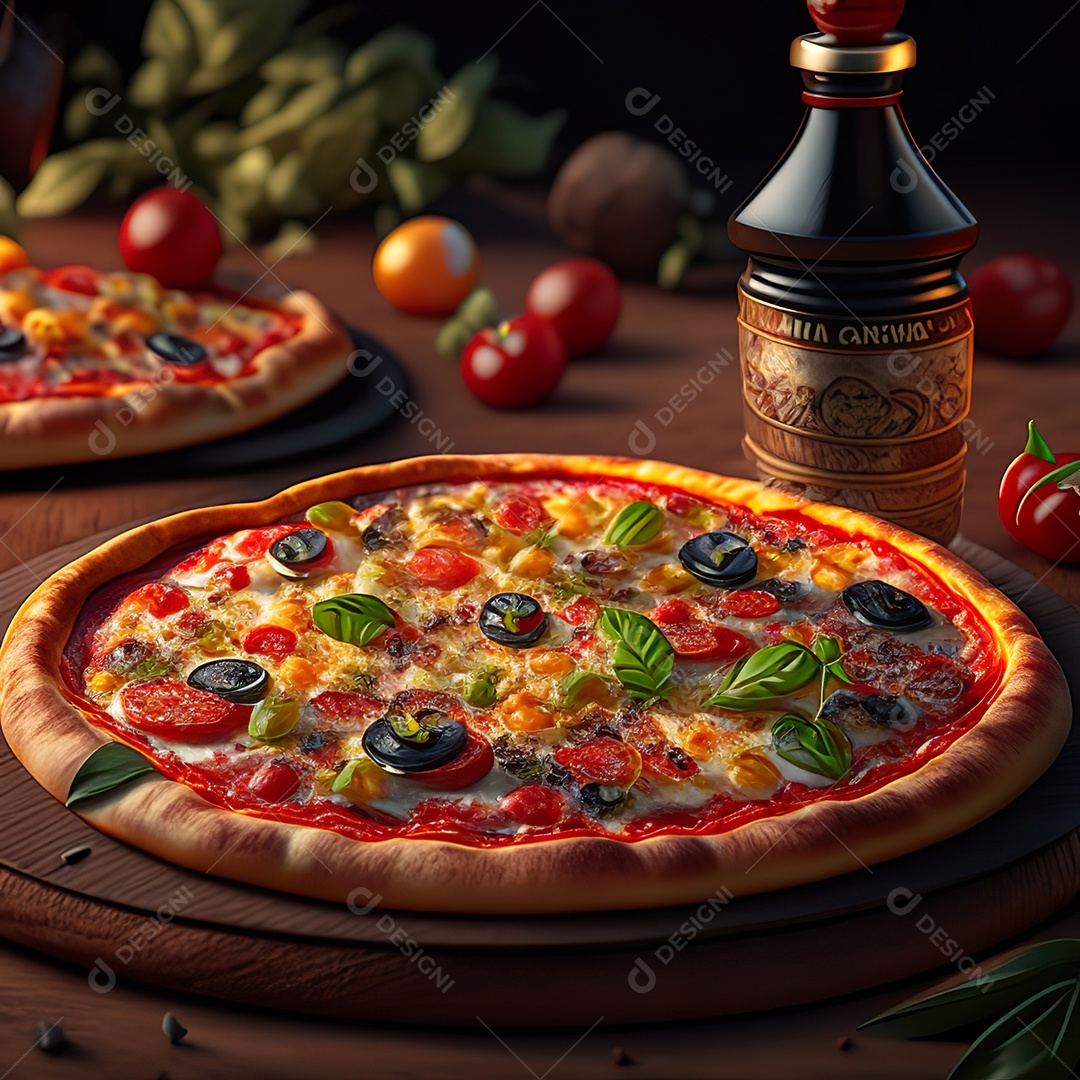 Retrato realista de pizza sobre uma mesa de madeira