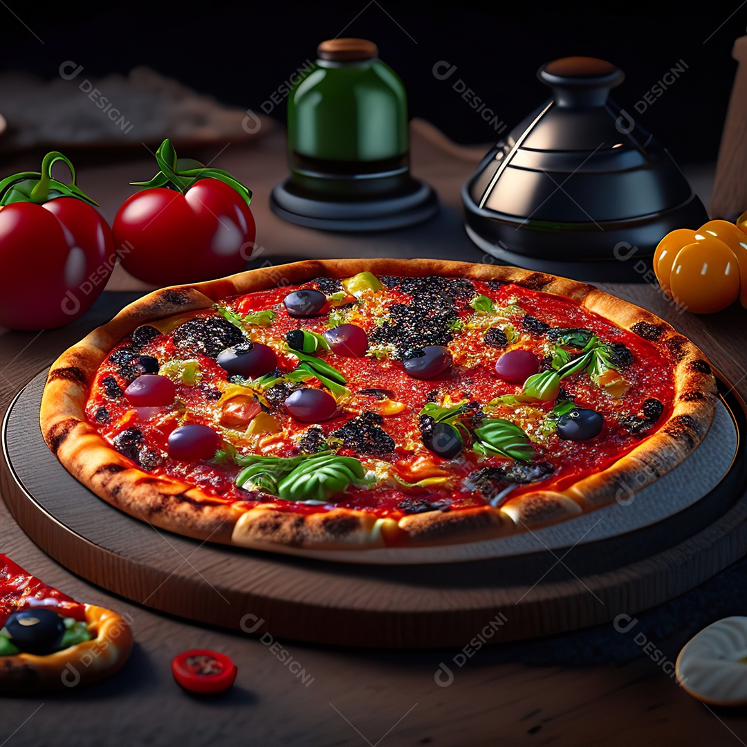 Retrato realista de pizza sobre uma mesa de madeira