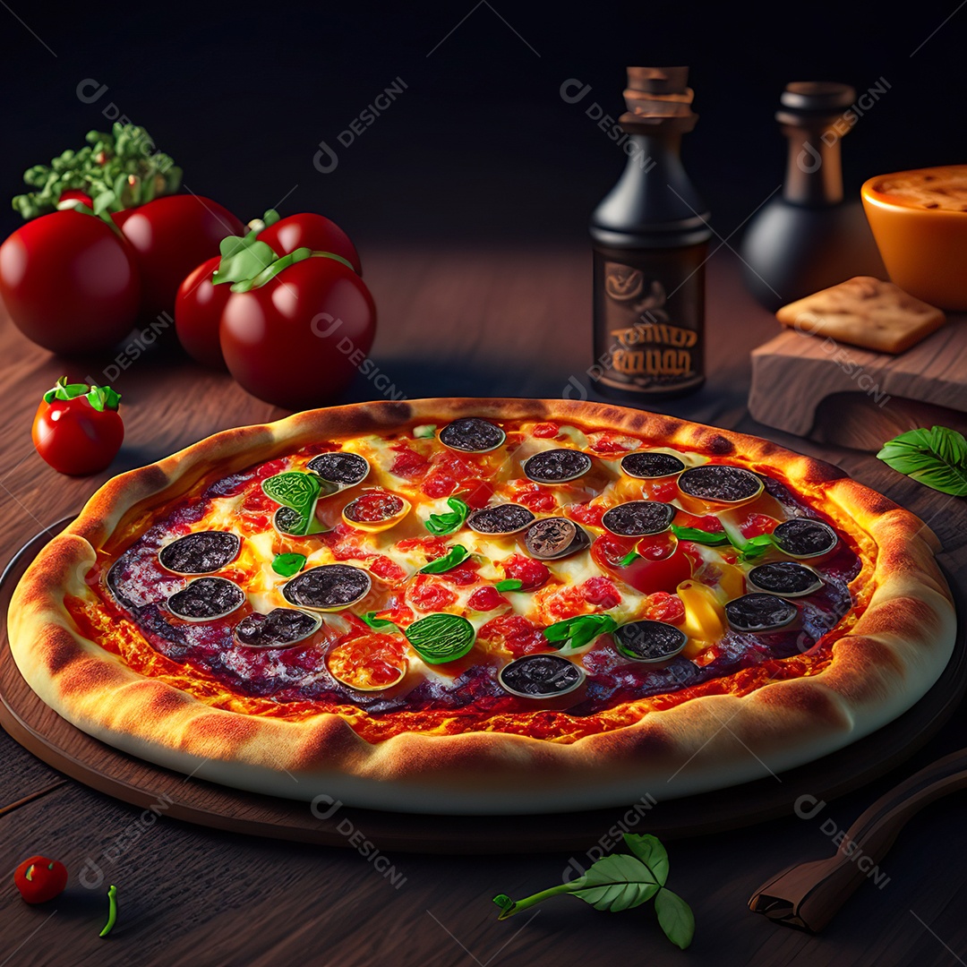 Retrato realista de pizza sobre uma mesa de madeira