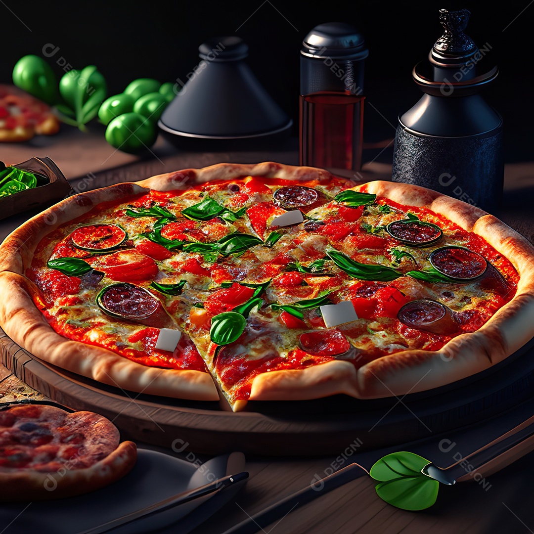 Retrato realista de pizza sobre uma mesa de madeira