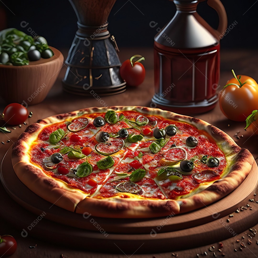 Retrato realista de pizza sobre uma mesa de madeira