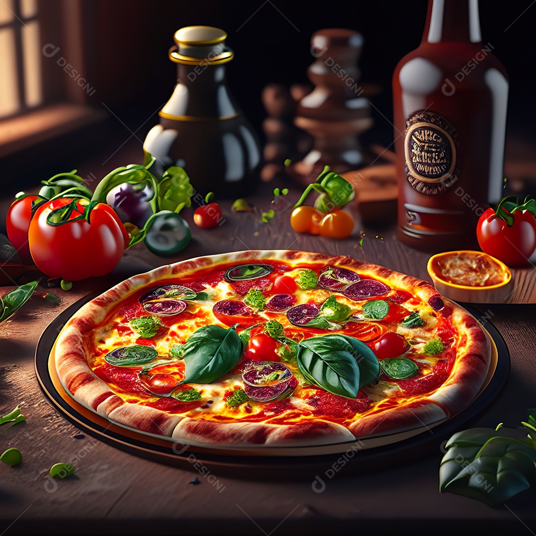 Retrato realista de pizza sobre uma mesa de madeira