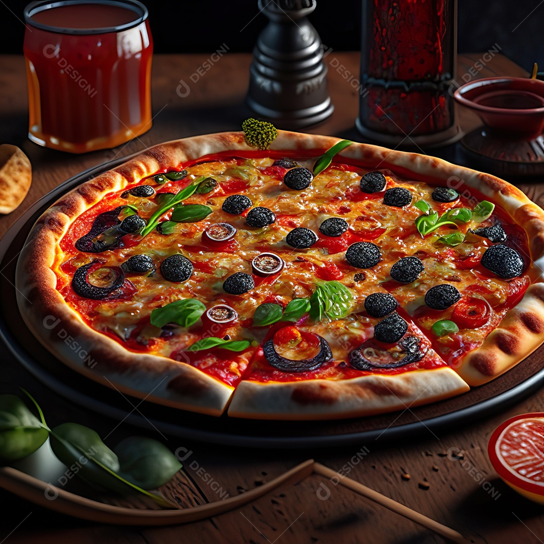 Retrato realista de pizza sobre uma mesa de madeira