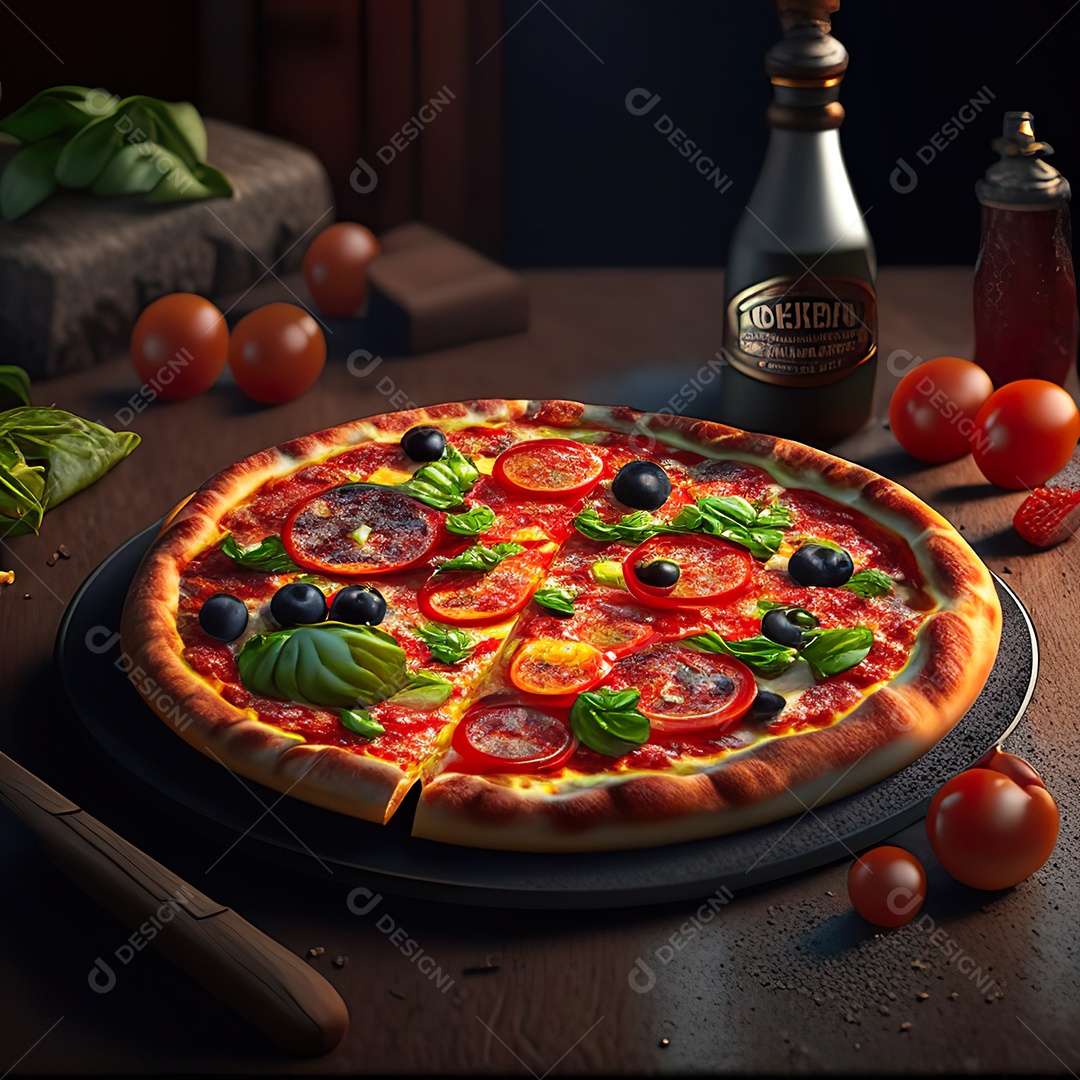 Retrato realista de pizza sobre uma mesa de madeira