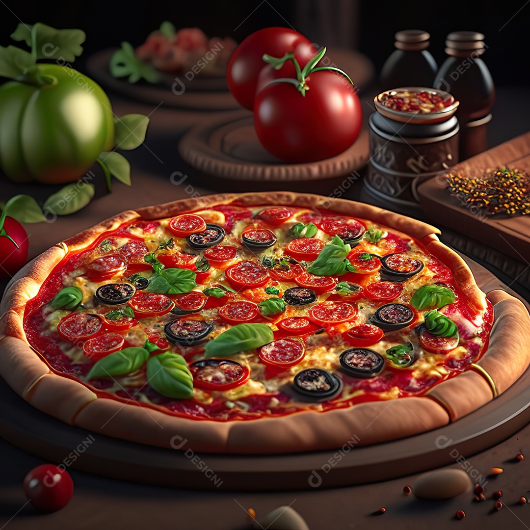 Retrato realista de pizza sobre uma mesa de madeira