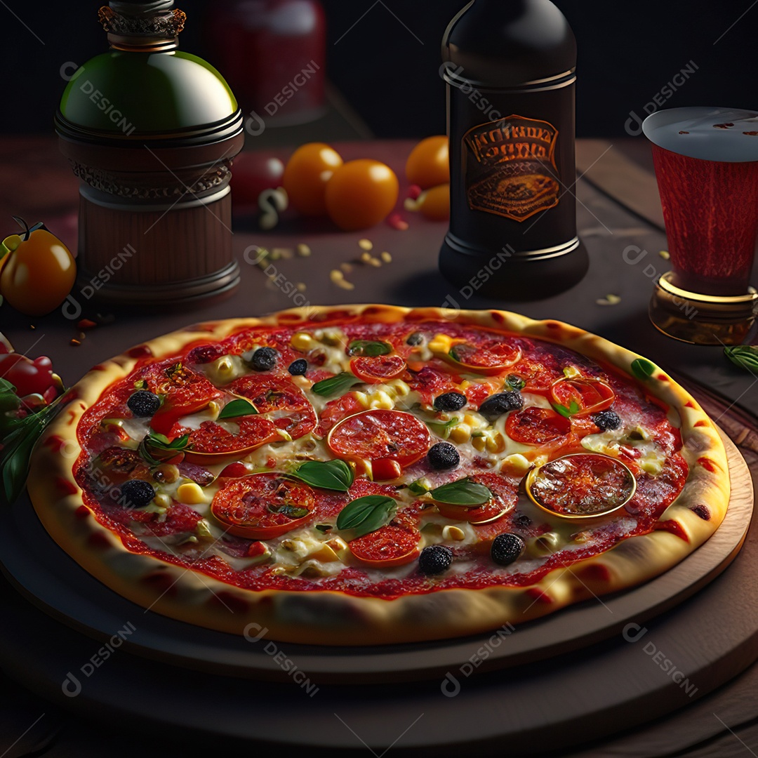 Retrato realista de pizza sobre uma mesa de madeira