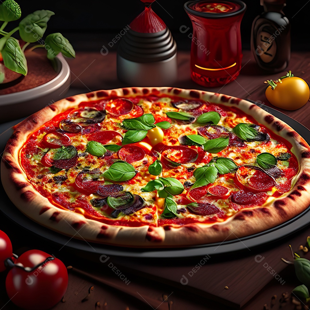 Retrato realista de pizza sobre uma mesa de madeira