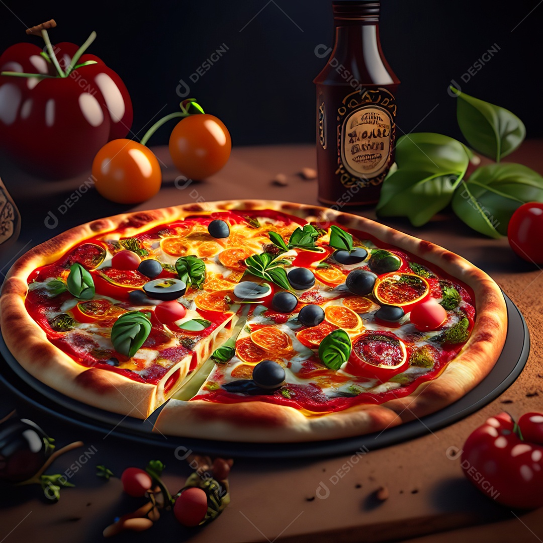 Retrato realista de pizza sobre uma mesa de madeira