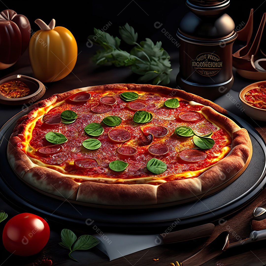 Retrato realista de pizza sobre uma mesa de madeira