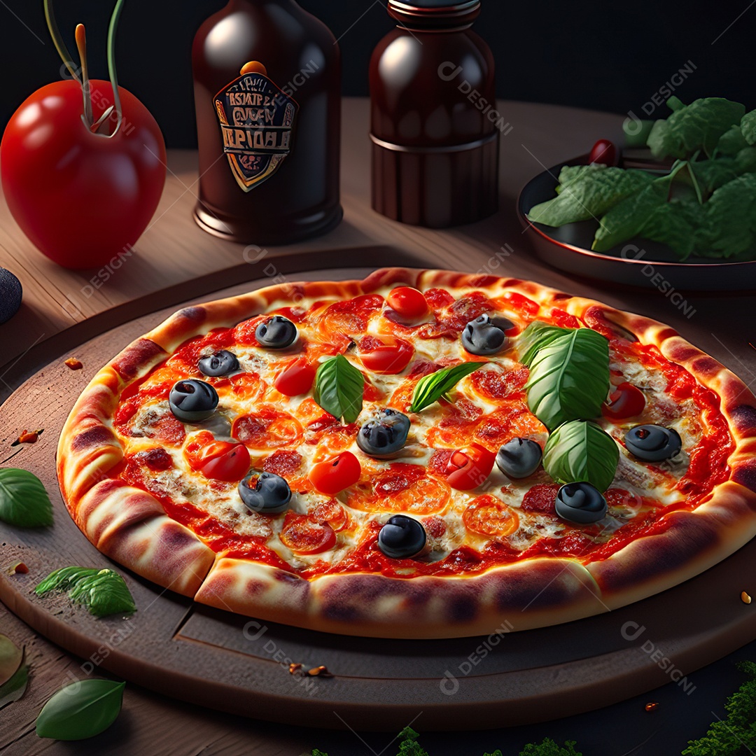 Retrato realista de pizza sobre uma mesa de madeira