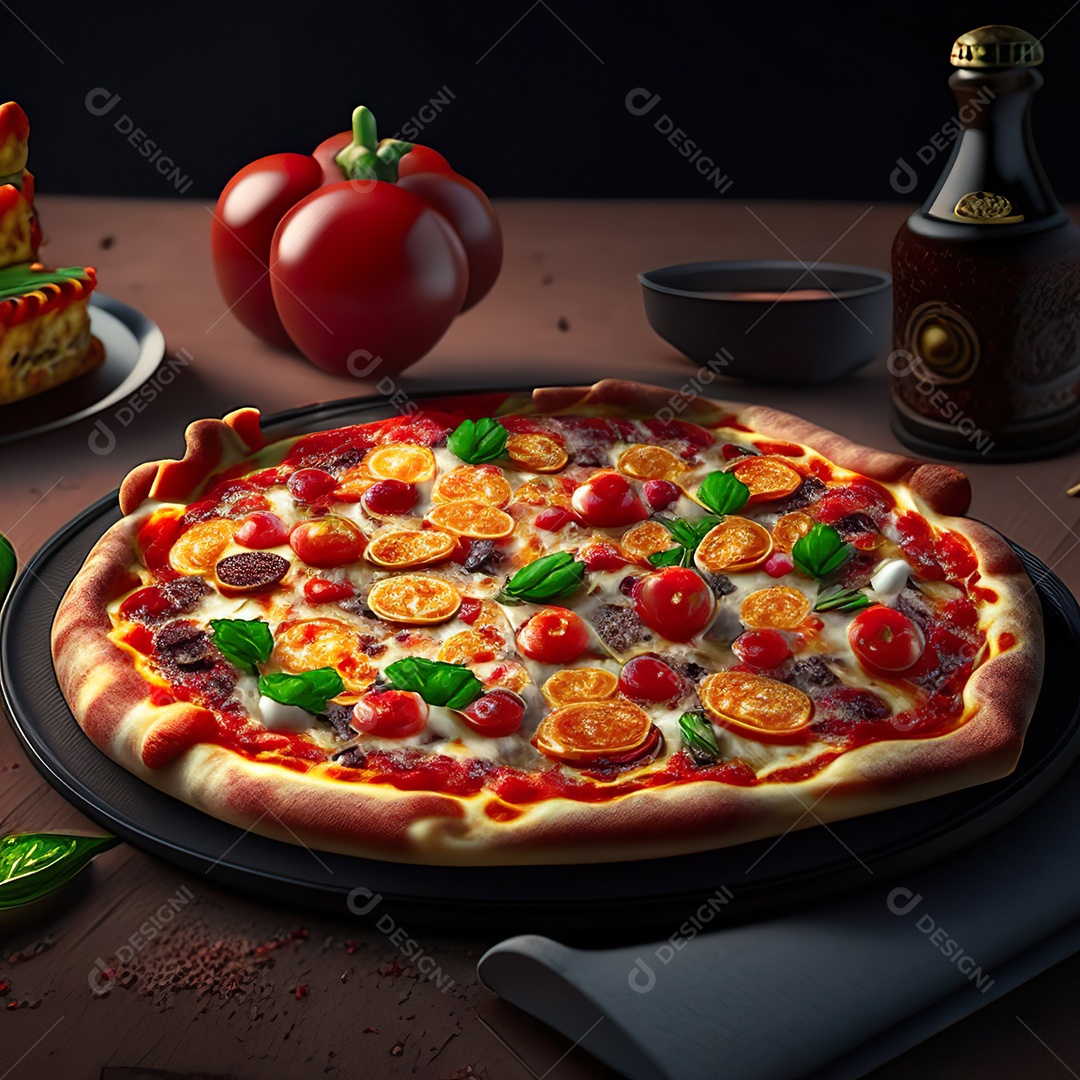 Retrato realista de pizza sobre uma mesa de madeira