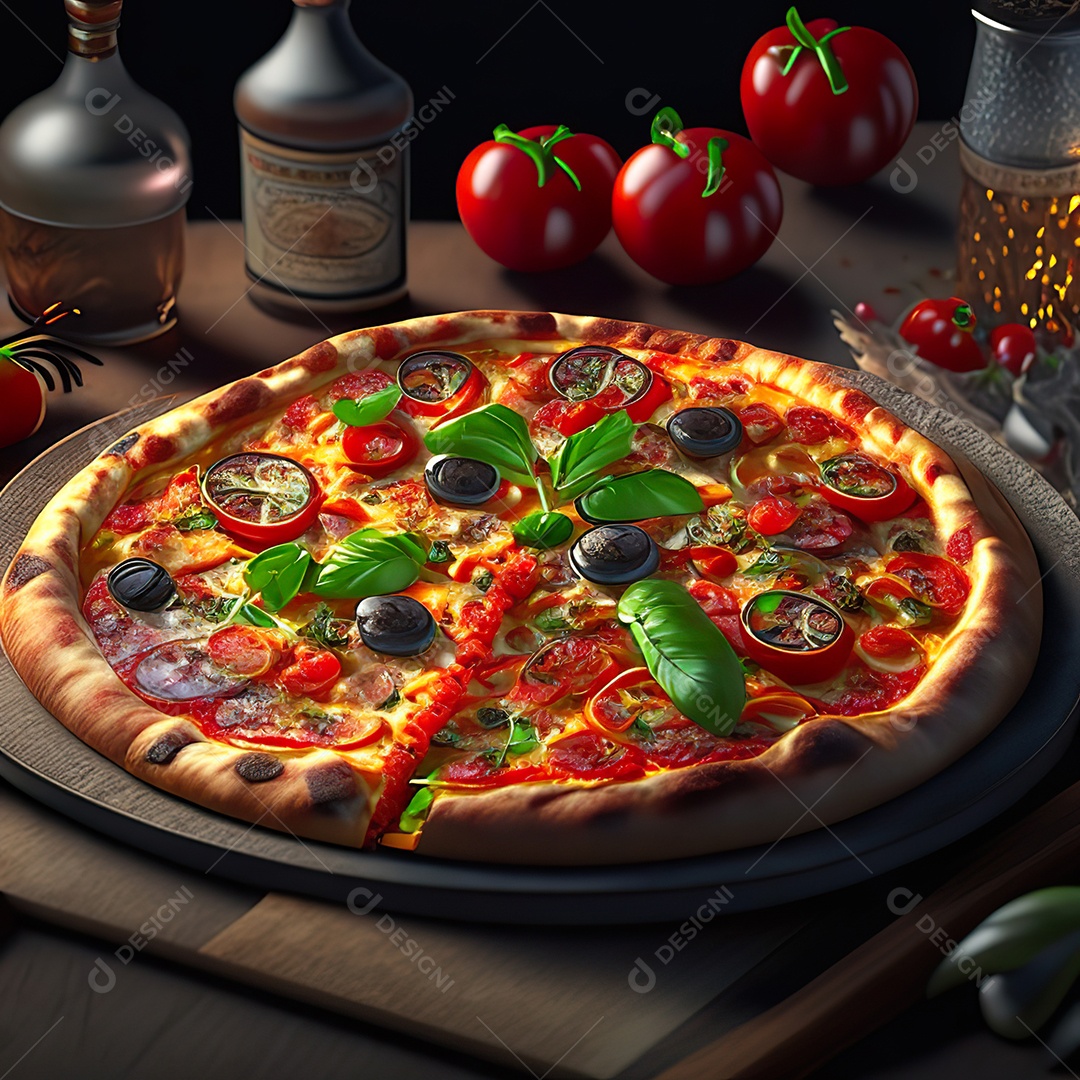 Retrato realista de pizza sobre uma mesa de madeira