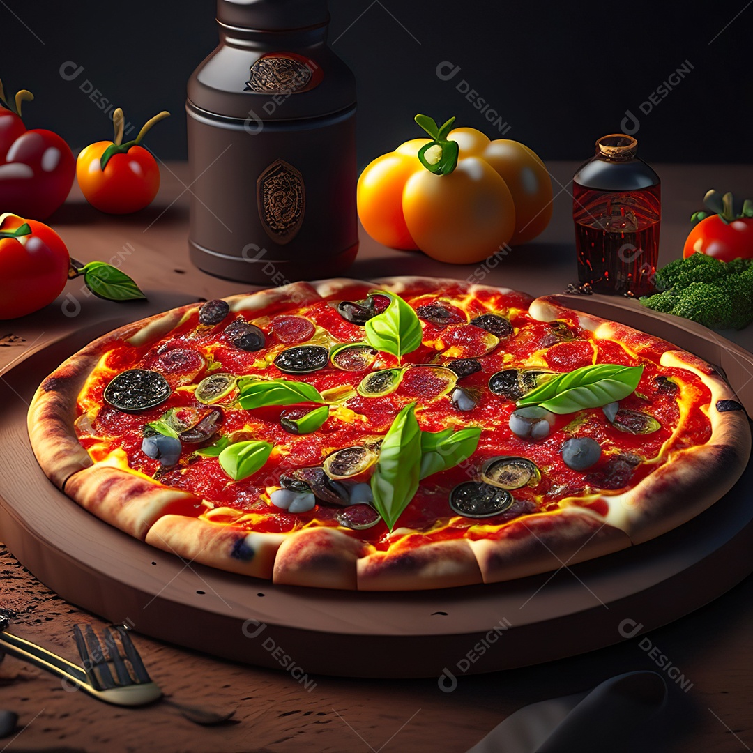 Retrato realista de pizza sobre uma mesa de madeira