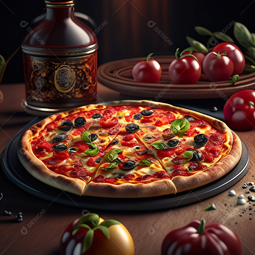 Retrato realista de pizza sobre uma mesa de madeira