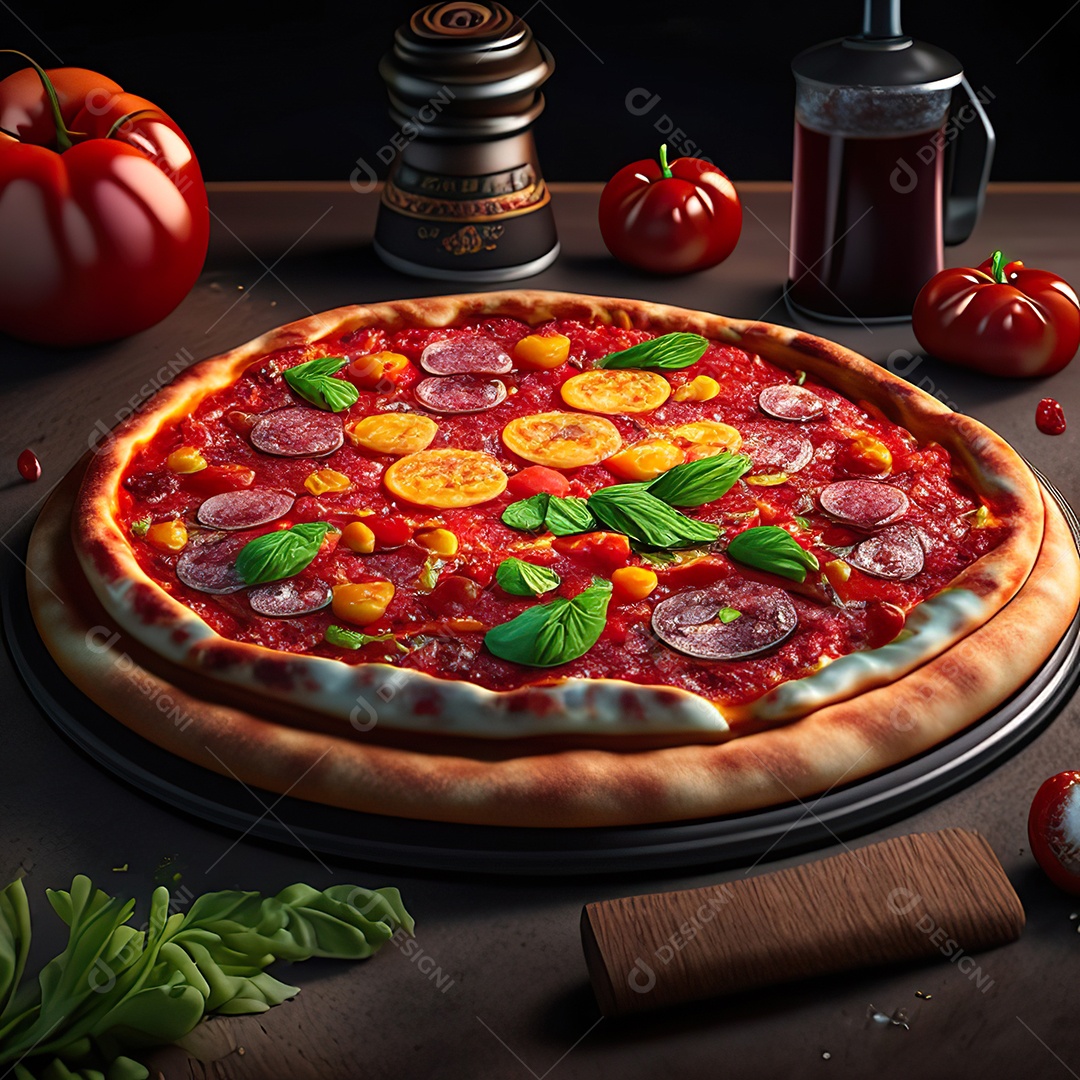 Retrato realista de pizza sobre uma mesa de madeira