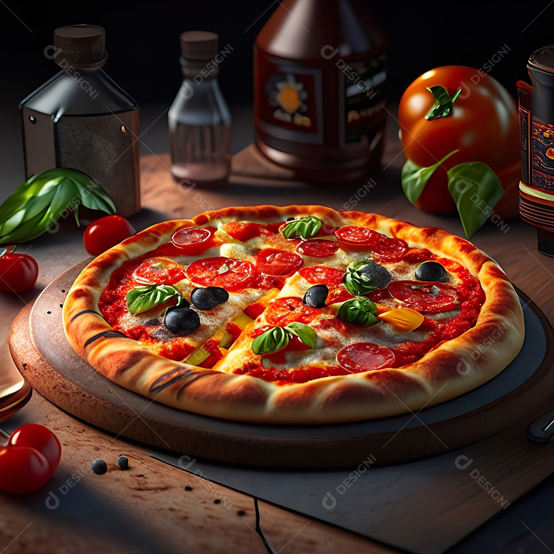 Retrato realista de pizza sobre uma mesa de madeira