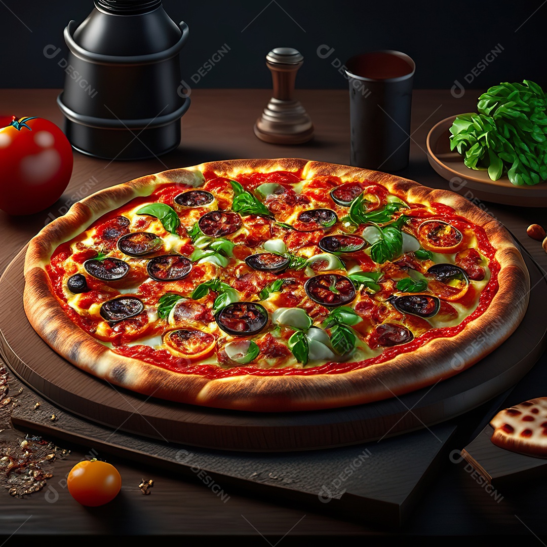 Retrato realista de pizza sobre uma mesa de madeira