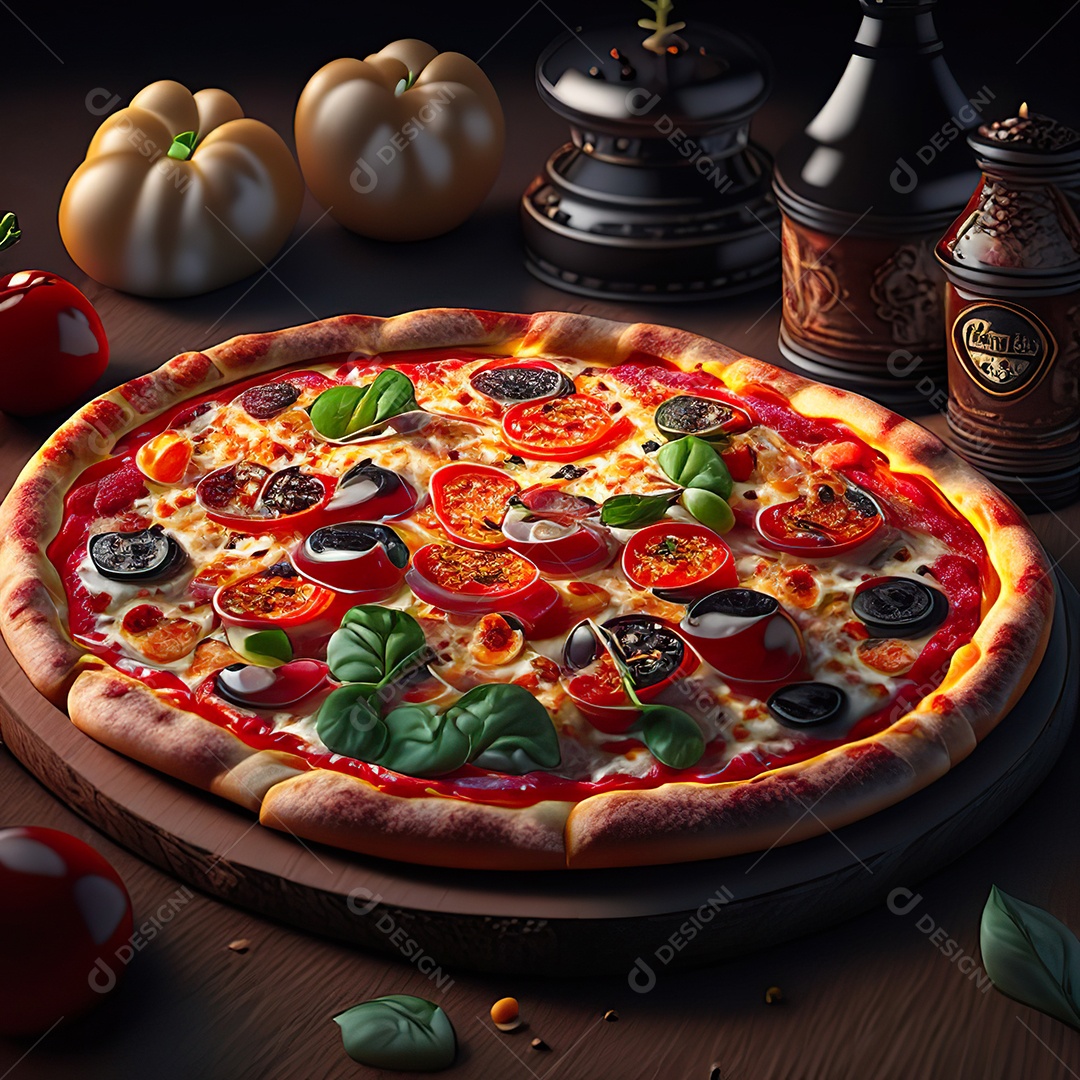 Retrato realista de pizza sobre uma mesa de madeira