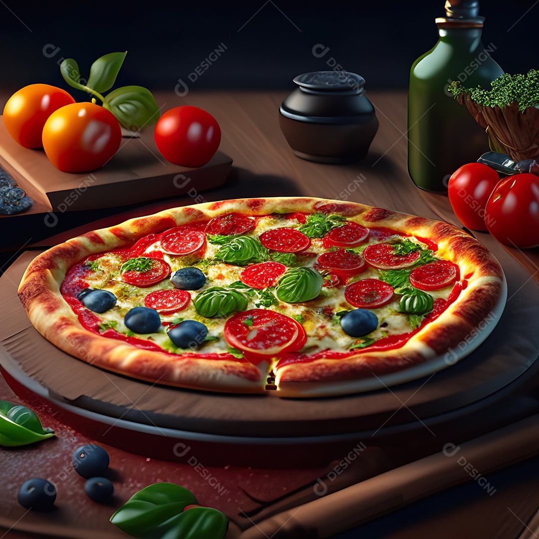 Retrato realista de pizza sobre uma mesa de madeira