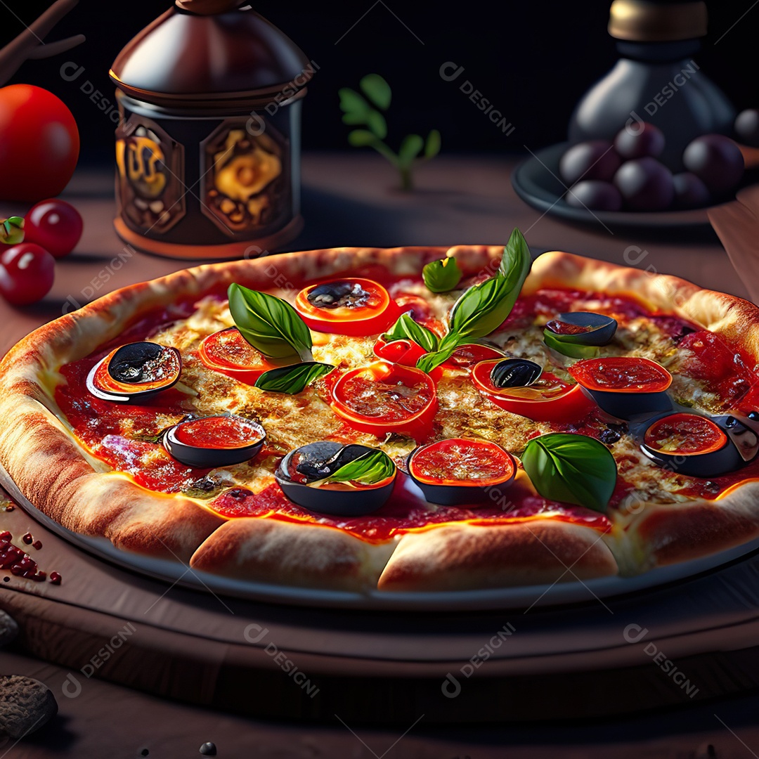 Retrato realista de pizza sobre uma mesa de madeira