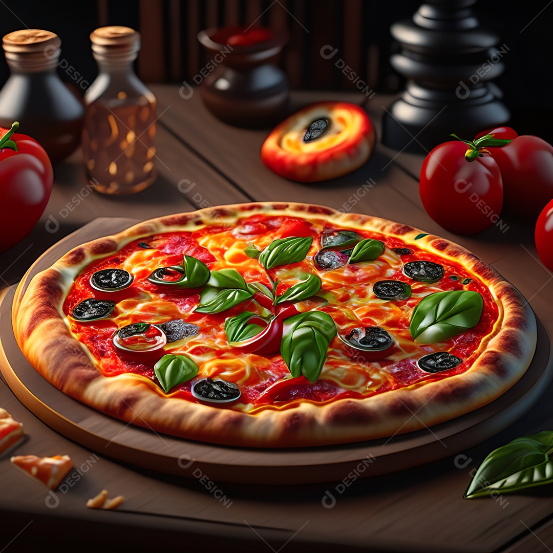 Retrato realista de pizza sobre uma mesa de madeira