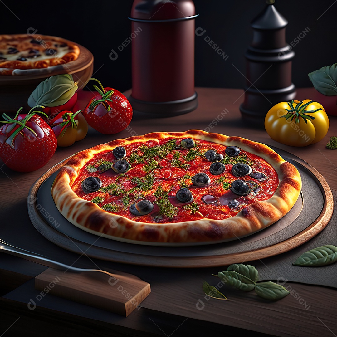 Retrato realista de pizza sobre uma mesa de madeira