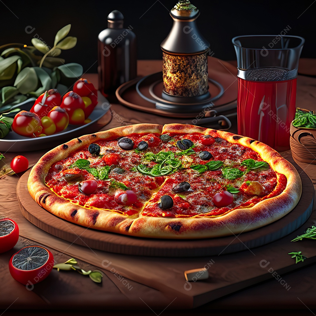 Retrato realista de pizza sobre uma mesa de madeira