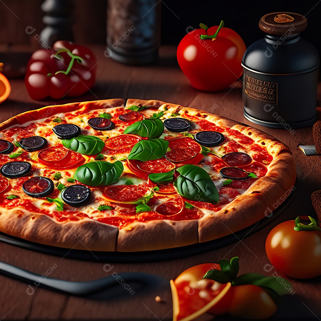 Retrato realista de pizza sobre uma mesa de madeira